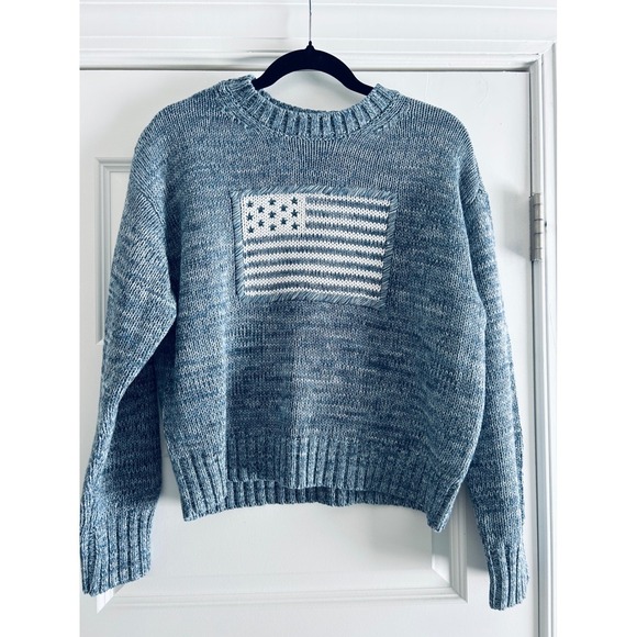 Marled Sweaters - Womens Blue Marled American Flag Cotton Chunky Knit Crewneck Sweater Patriotic